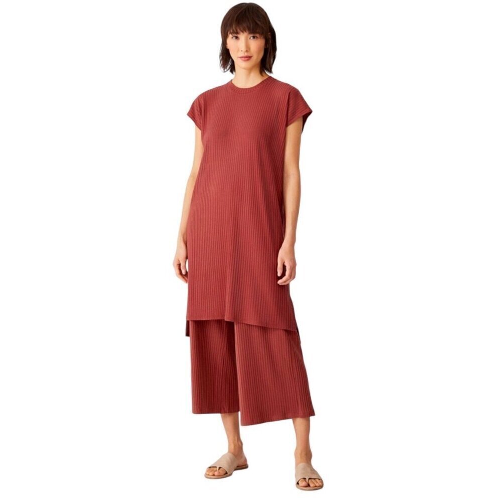 Eileen Fisher Textured Stretch Rib Crew Neck Dress Size Medium Boxy Terracotta